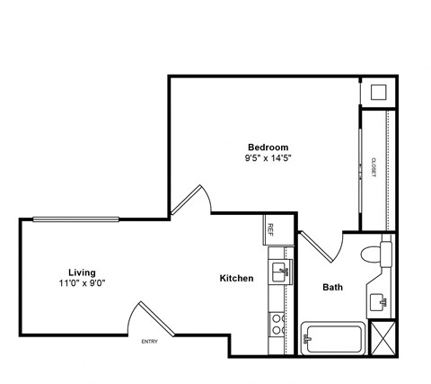 Floor plan for 1 bed, 1 bath, 439 sqft